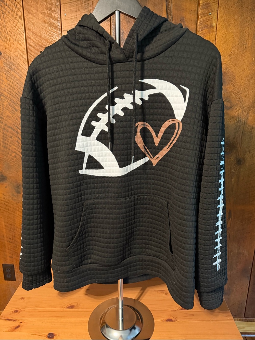 Black Football Mom Laces Sleeve Waffle Knit Hoodie Game Day Sweatshirt L